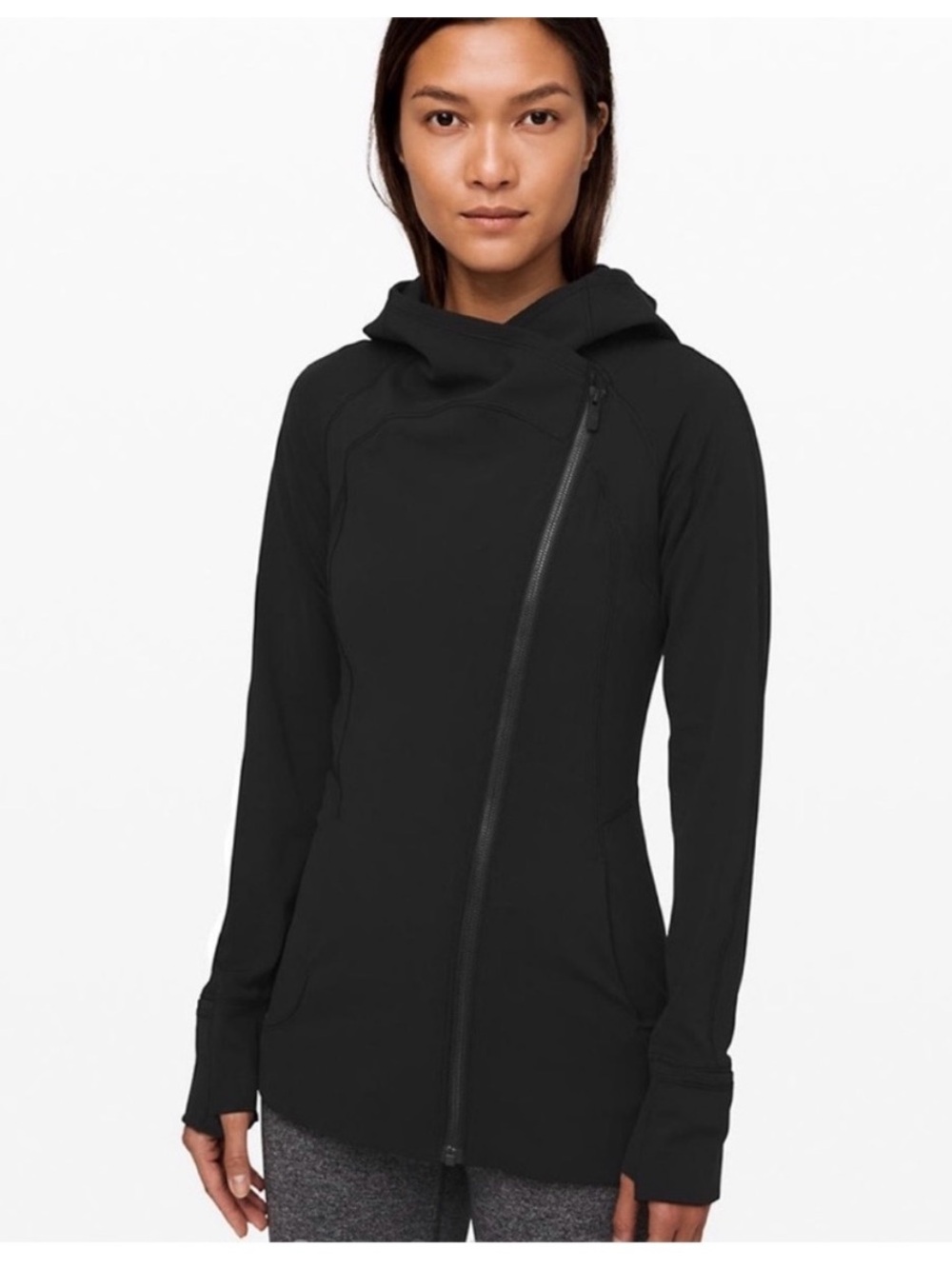 TITLE:
Lululemon Black Asymmetrical Zip Hooded Jacket Thumbholes
